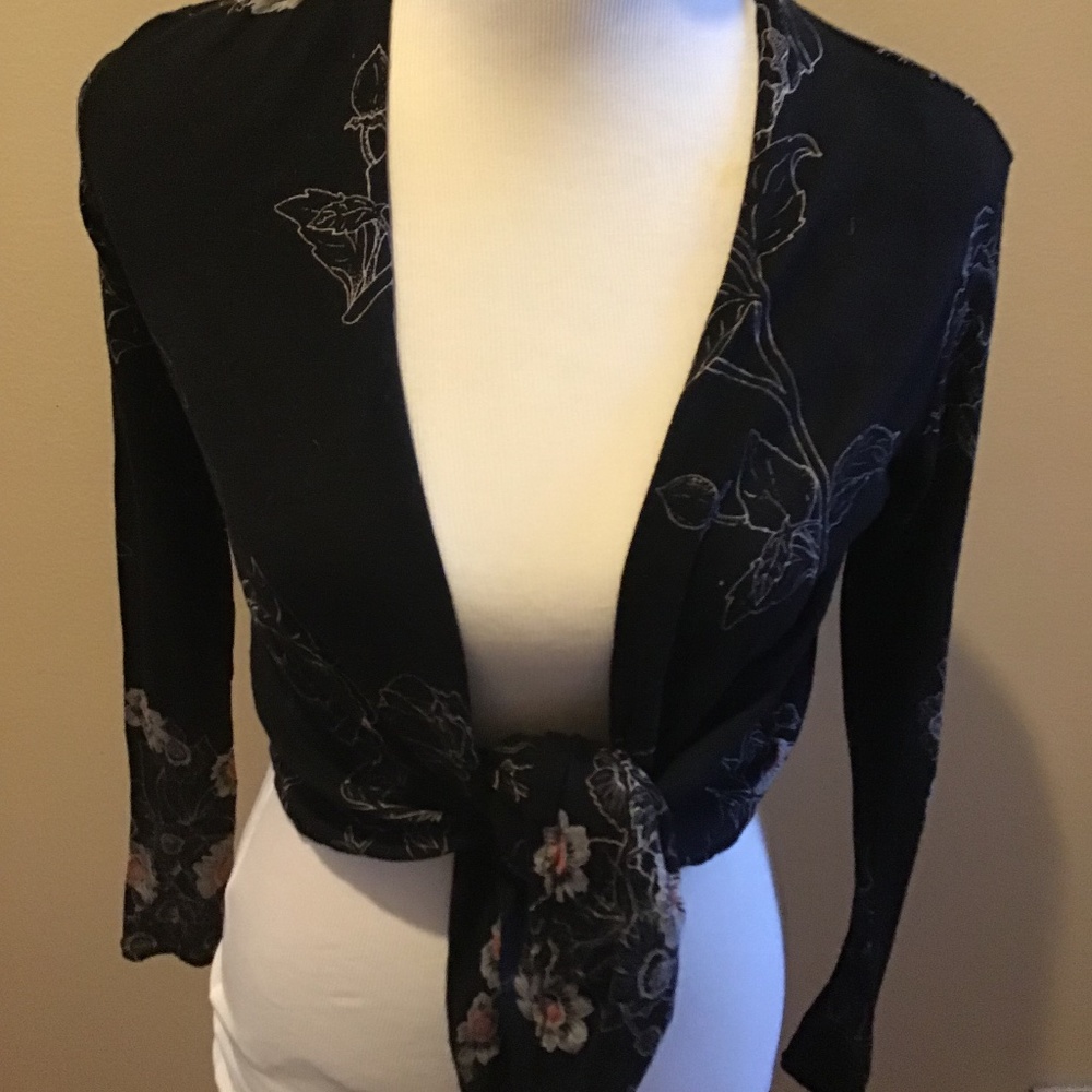 Black draped cardigan with floral print